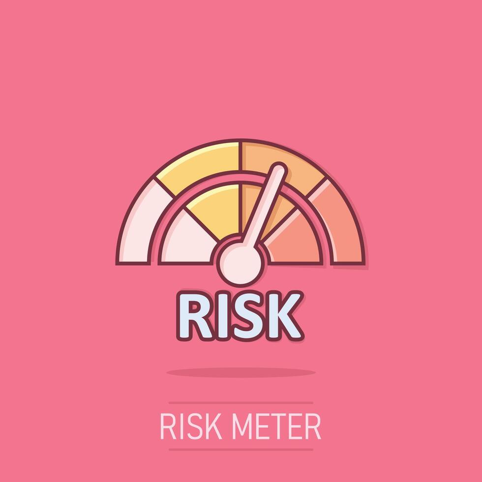 risk meter ikon i komisk stil. betyg indikator tecknad serie vektor illustration på isolerat bakgrund. bränsle nivå tecken stänk effekt företag begrepp.