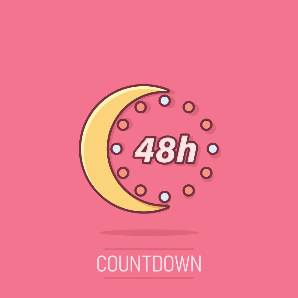 48-Stunden-Uhr-Symbol im Comic-Stil. Timer-Countdown-Cartoon-Vektorillustration auf isoliertem Hintergrund. Zeit Maßnahme Spritzeffekt Zeichen Geschäftskonzept. vektor