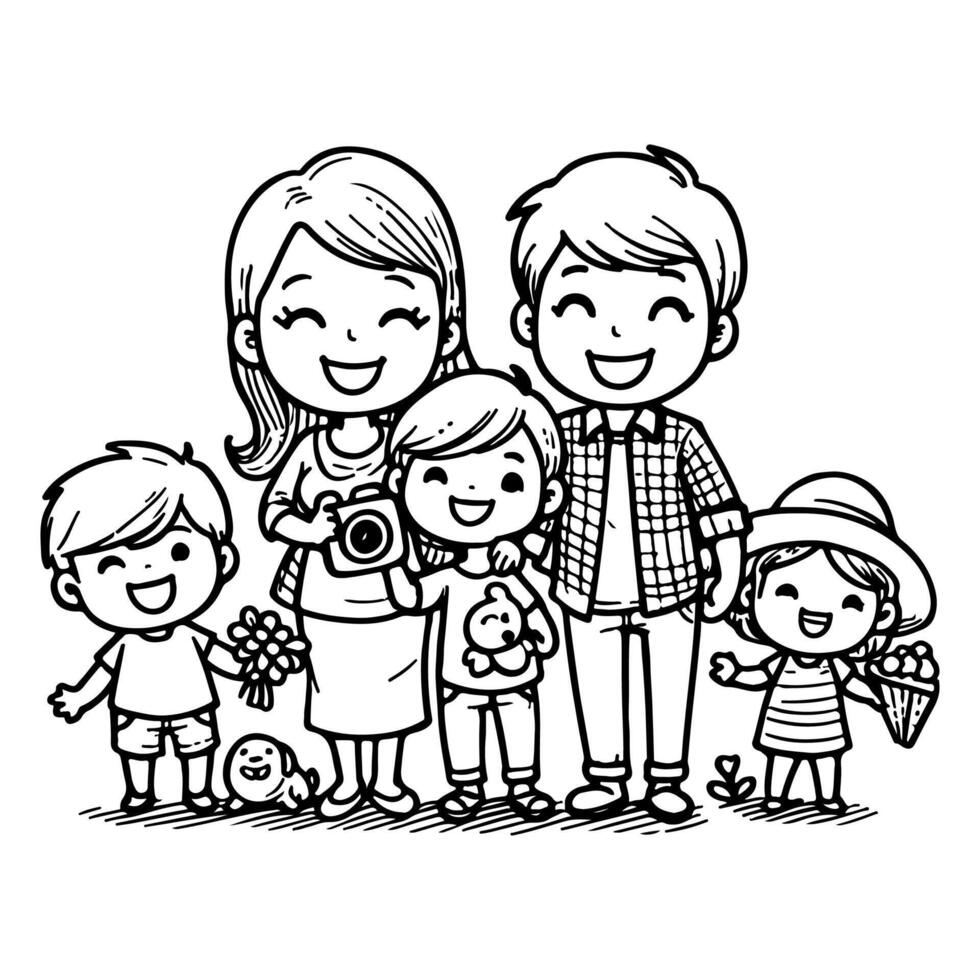 ai genererad unge teckning Lycklig familj tecknad serie karaktär översikt klotter för färg bok sida vektor illustration på vit bakgrund