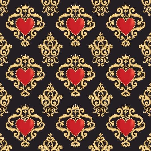 Nahtloses Damastmuster mit schönem dekorativem rotem Herzen s mit Krone auf schwarzem Hintergrund. Vektor-illustration vektor