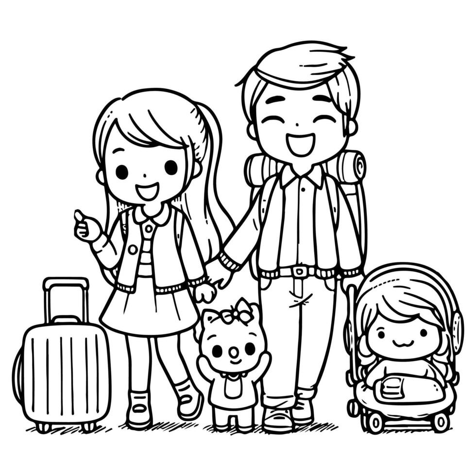 ai genererad unge teckning Lycklig familj tecknad serie karaktär översikt klotter för färg bok sida vektor illustration på vit bakgrund