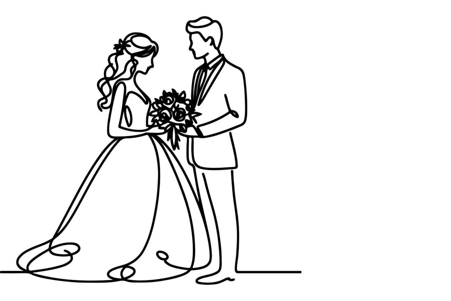 ai generiert einer kontinuierlich Single Zeichnung schwarz Linie Kunst Gekritzel Hochzeit Paar Braut und Bräutigam outne Vektor Illustration auf Weiß Hintergrund