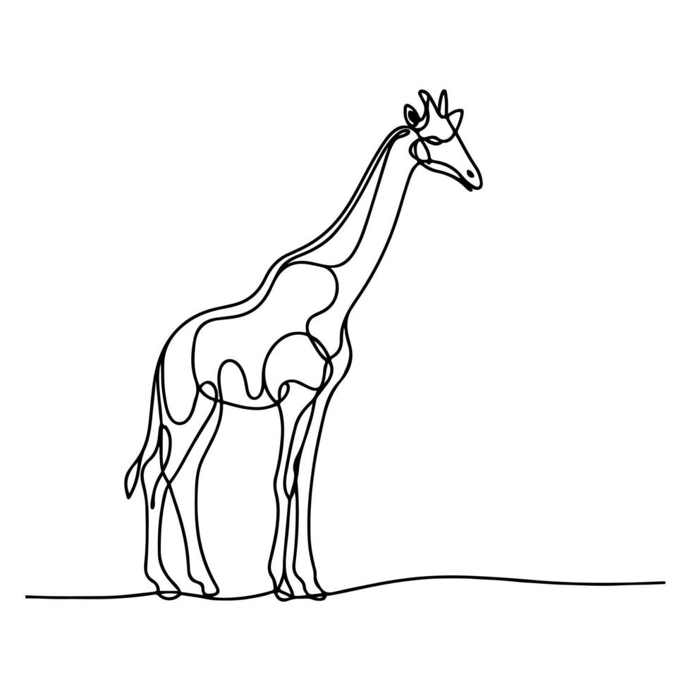 kontinuierlich Single Hand Zeichnung schwarz Linie Kunst von Giraffe Stehen Gliederung Gekritzel Karikatur skizzieren Stil Vektor Illustration auf Weiß Hintergrund