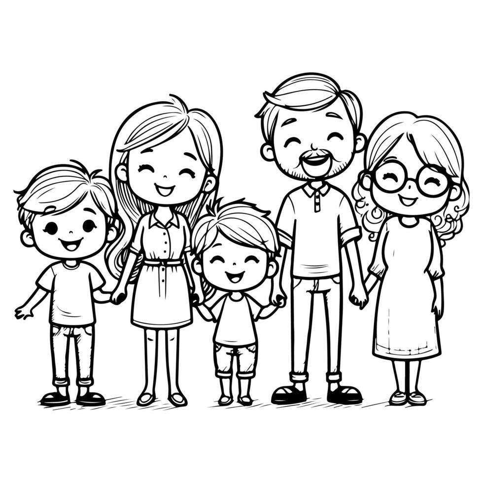 unge teckning Lycklig familj tecknad serie karaktär översikt klotter för färg bok sida vektor illustration på vit bakgrund