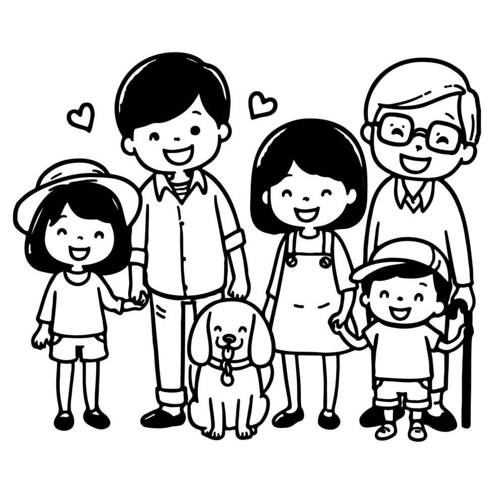 ai generiert Zeichnung glücklich Familie mit Hund Karikatur Charakter Gekritzel Vektor Illustration auf Weiß Hintergrund