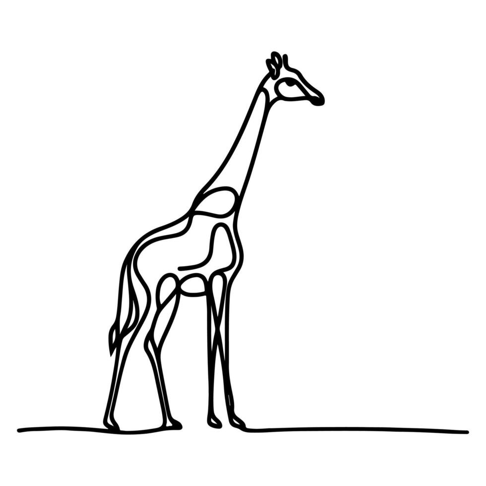 kontinuierlich Single Hand Zeichnung schwarz Linie Kunst von Giraffe Stehen Gliederung Gekritzel Karikatur skizzieren Stil Vektor Illustration auf Weiß Hintergrund