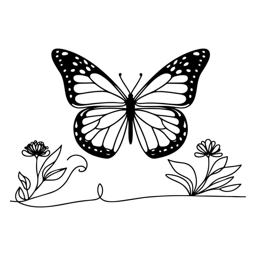 ai generiert Schmetterling Konturen Gekritzel Silhouetten Element Vektor Illustration auf Weiß Hintergrund einer kontinuierlich schwarz Linie Hand Zeichnung von Monarch Schmetterling fliegend