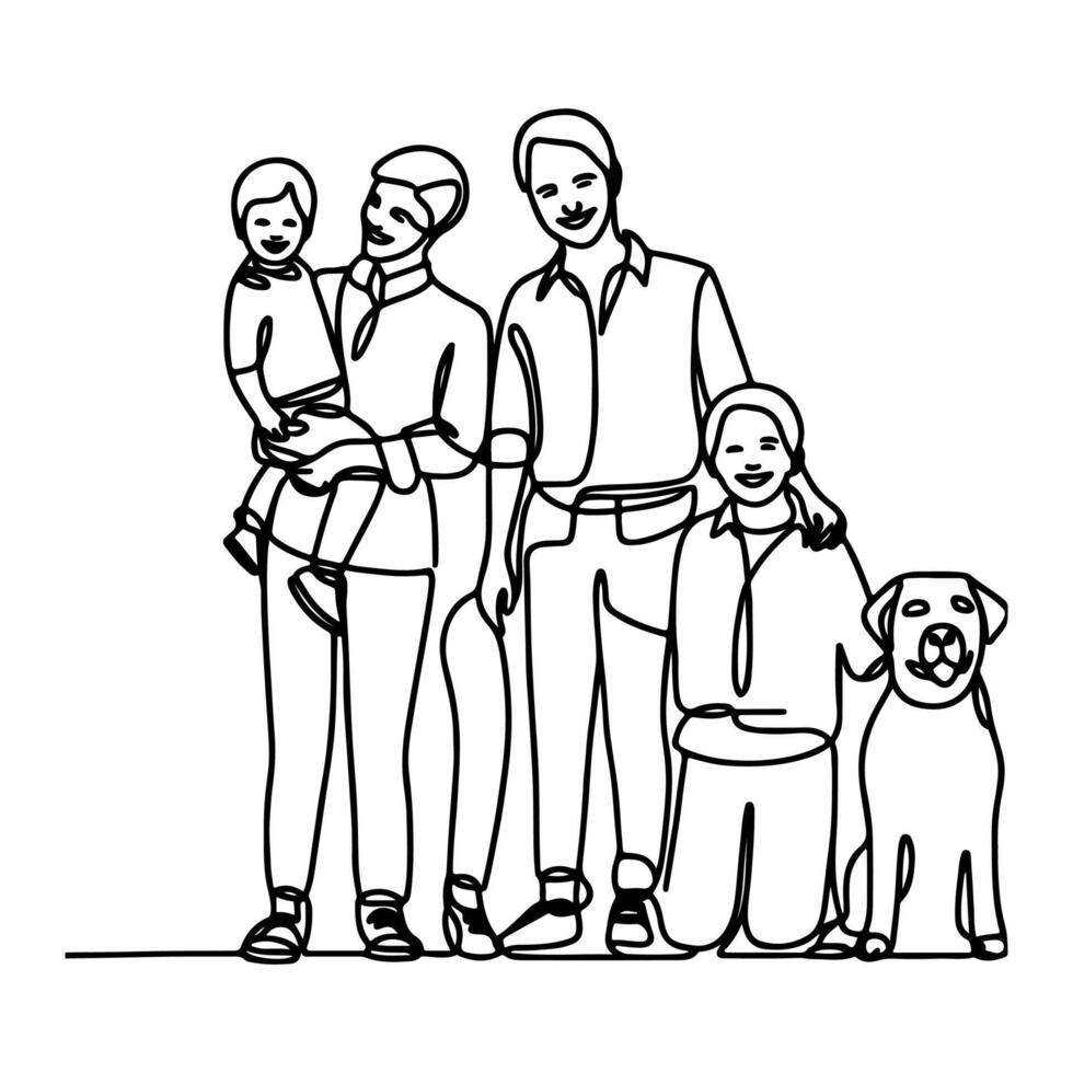 ai generiert Zeichnung glücklich Familie mit Hund Karikatur Charakter Gekritzel Vektor Illustration auf Weiß Hintergrund