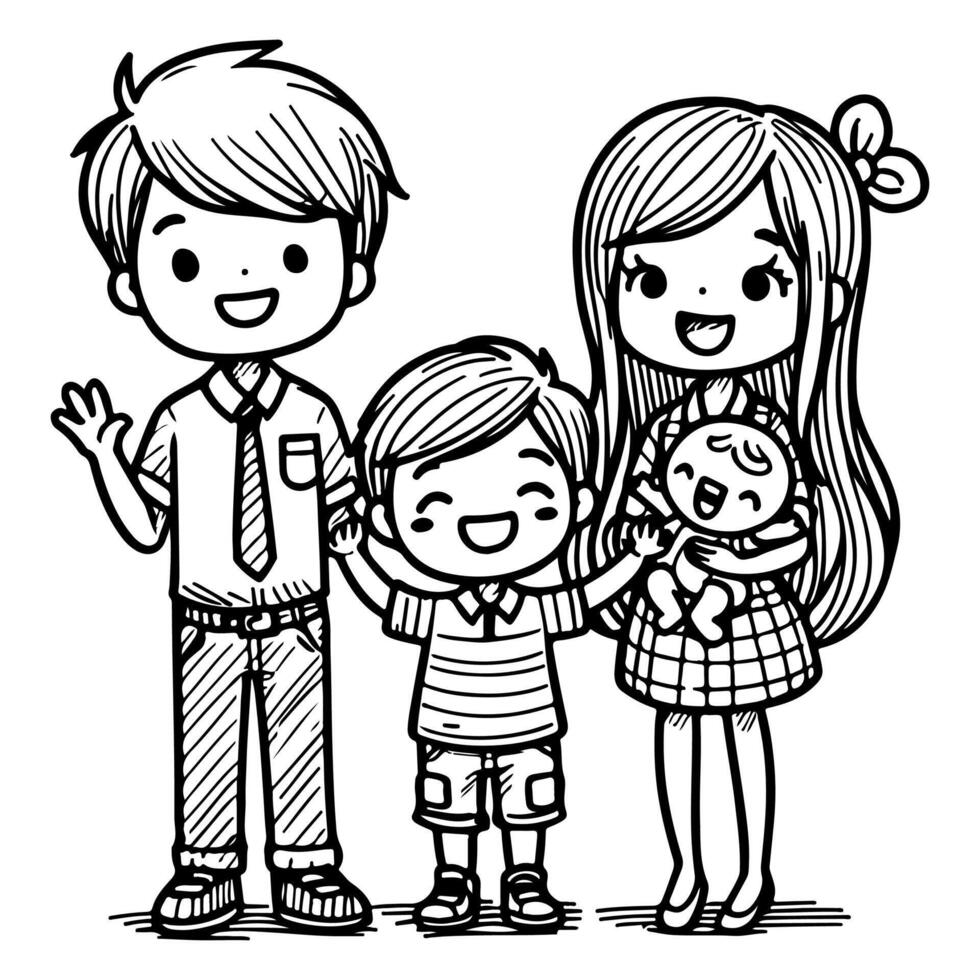Kind Zeichnung glücklich Familie Karikatur Charakter Gliederung Gekritzel zum Färbung Buch Seite Vektor Illustration auf Weiß Hintergrund
