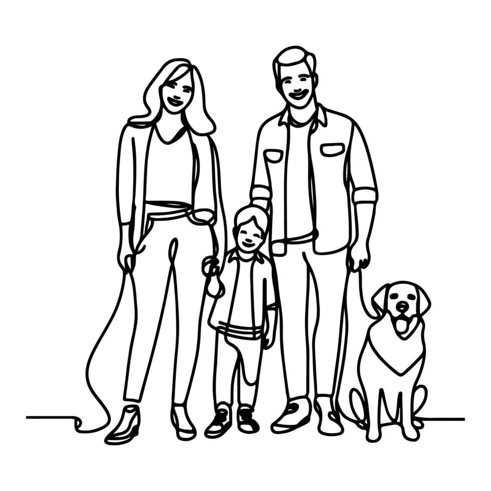 ai genererad teckning Lycklig familj med hund tecknad serie karaktär klotter vektor illustration på vit bakgrund