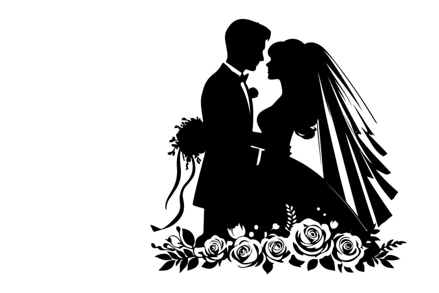 ai generiert Silhouette Hochzeit Paar Braut und Bräutigam outne Vektor Illustration auf Weiß Hintergrund