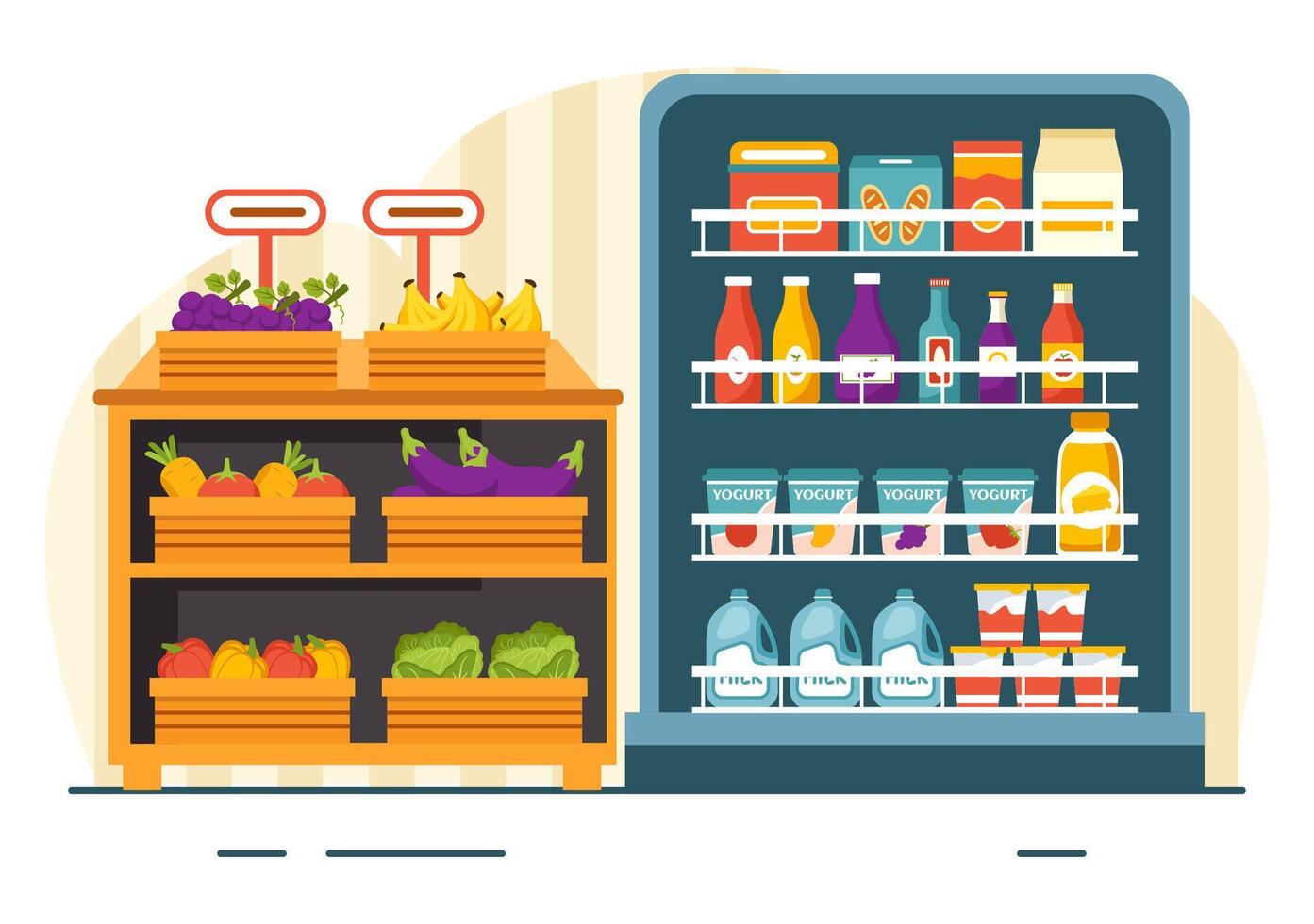 Lebensmittelgeschäft Geschäft Regal Vektor Illustration mit Lebensmittel Artikel und Produkte Sortiment auf das Supermarkt zum Einkaufen Täglich Bedürfnisse im eben Hintergrund
