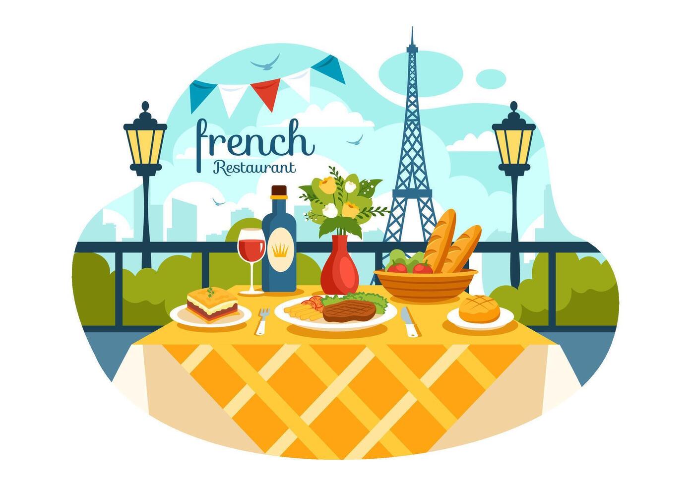 franska kök restaurang vektor illustration med olika traditionell eller nationell mat maträtt av Frankrike på platt stil tecknad serie bakgrund
