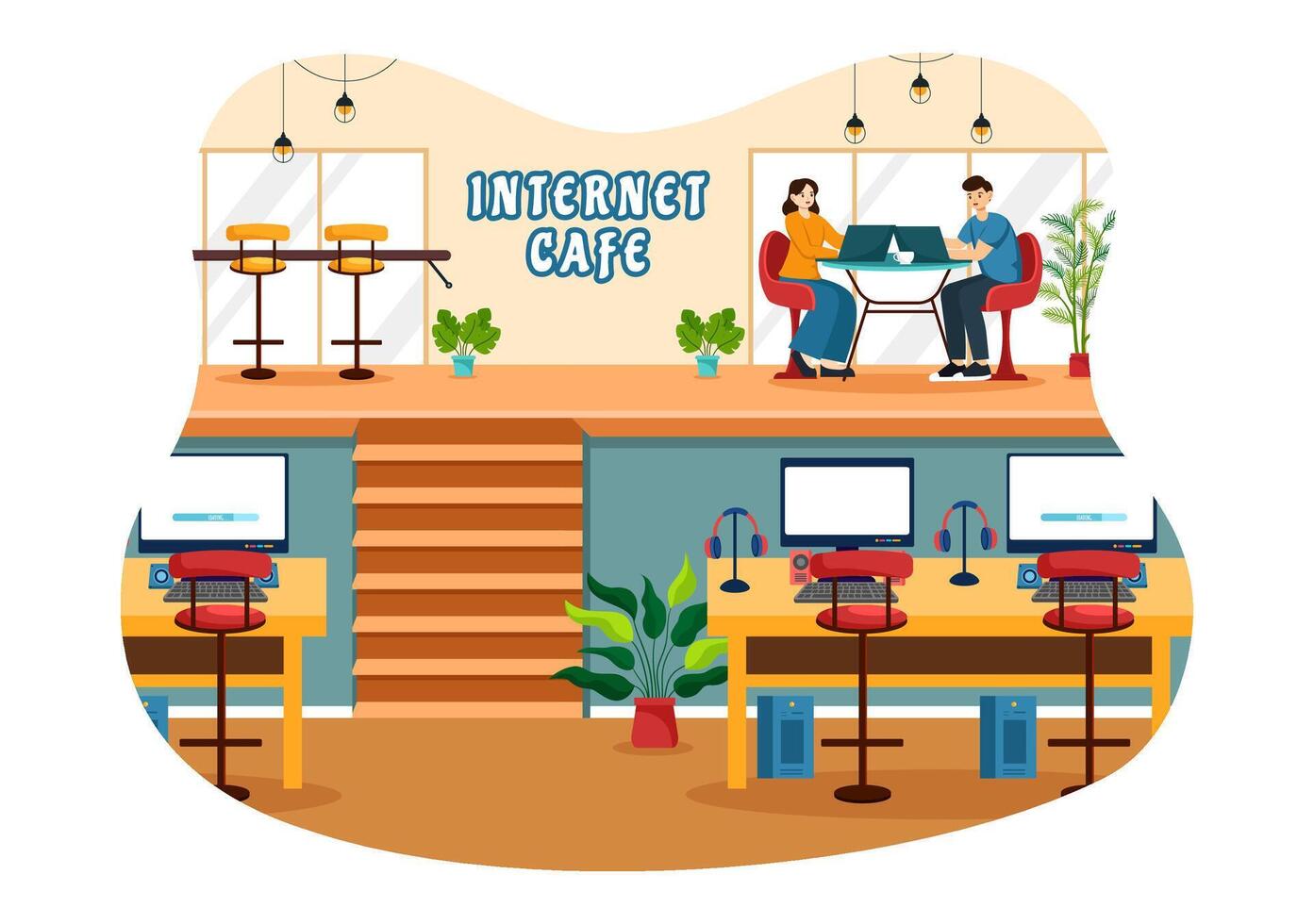 Internet Cafe Vektor Illustration mit Gebäude zum jung Menschen spielen Spiele, Arbeitsplatz verwenden ein Laptop, reden und Trinken im eben Hintergrund