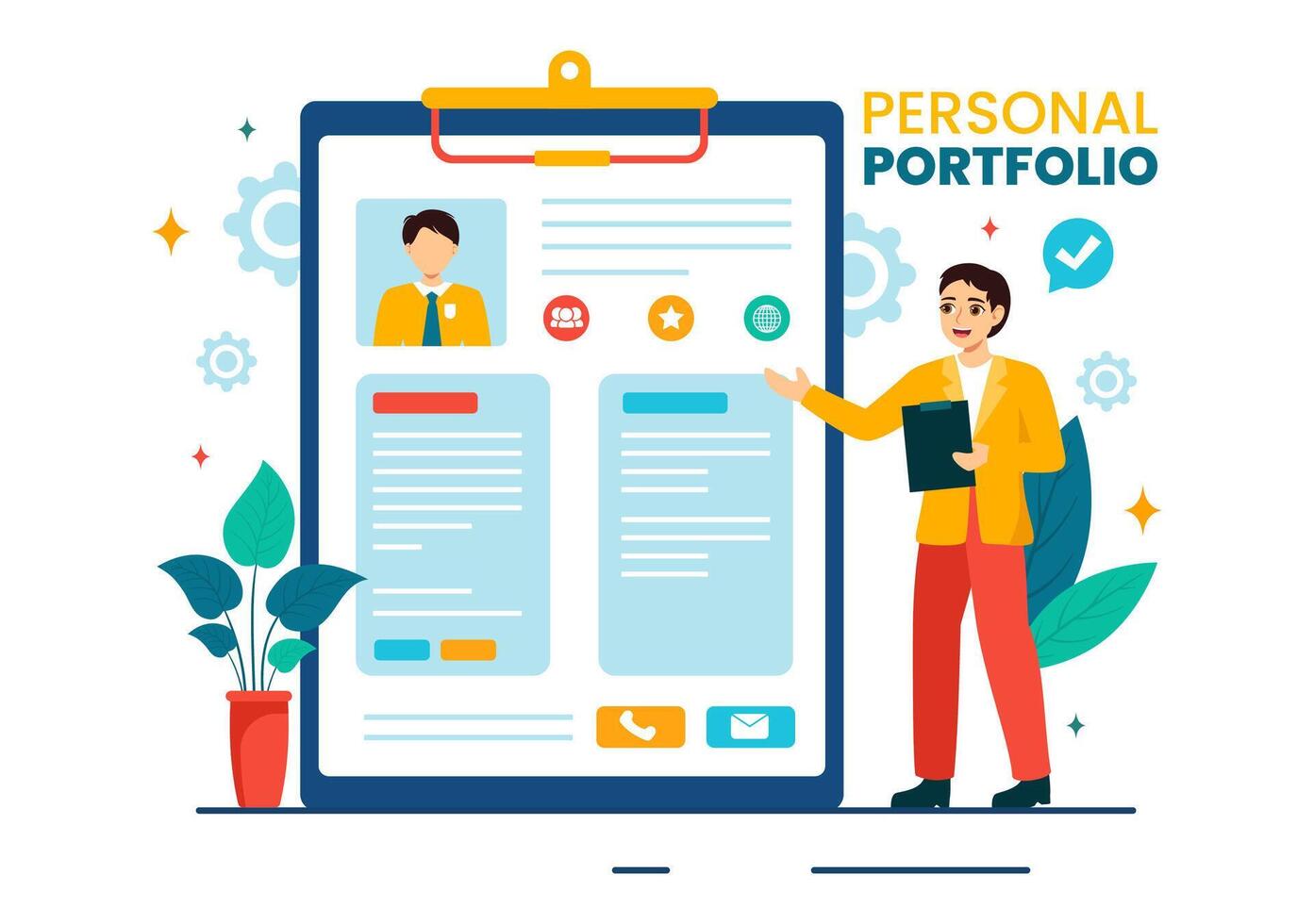 personlig portfölj vektor illustration med profil data, återuppta eller själv förbättring till locka till sig klienter och arbetsgivare i platt tecknad serie bakgrund