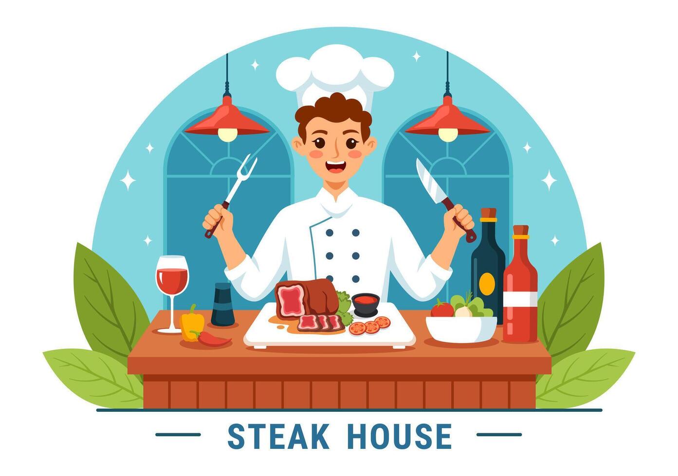 Steak House vektor illustration med restaurang den där tillhandahåller grillad kött med saftig utsökt biff, sallad och tomater för utegrill i bakgrund