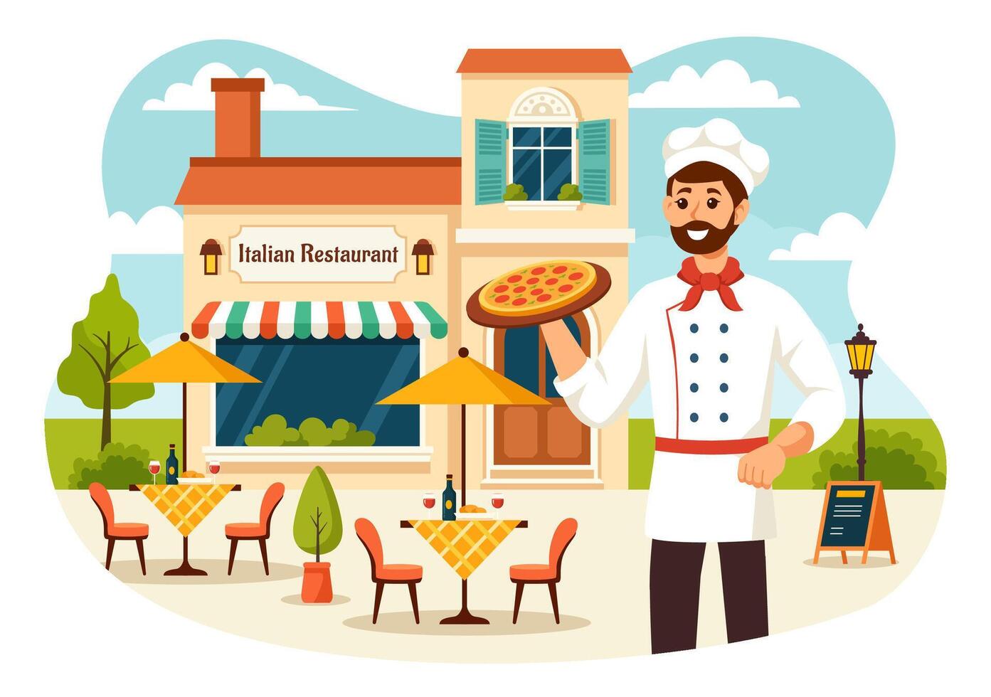 Italienisch Essen Restaurant oder Cafeteria Vektor Illustration mit traditionell Italien Geschirr Pizza oder Pasta im eben Karikatur Hintergrund Design