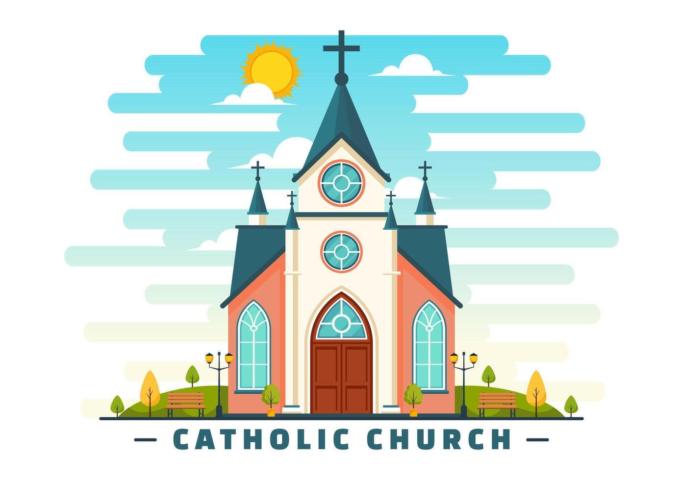 katedral katolik kyrka byggnad vektor illustration med arkitektur, medeltida och modern kyrkor interiör design i platt tecknad serie bakgrund