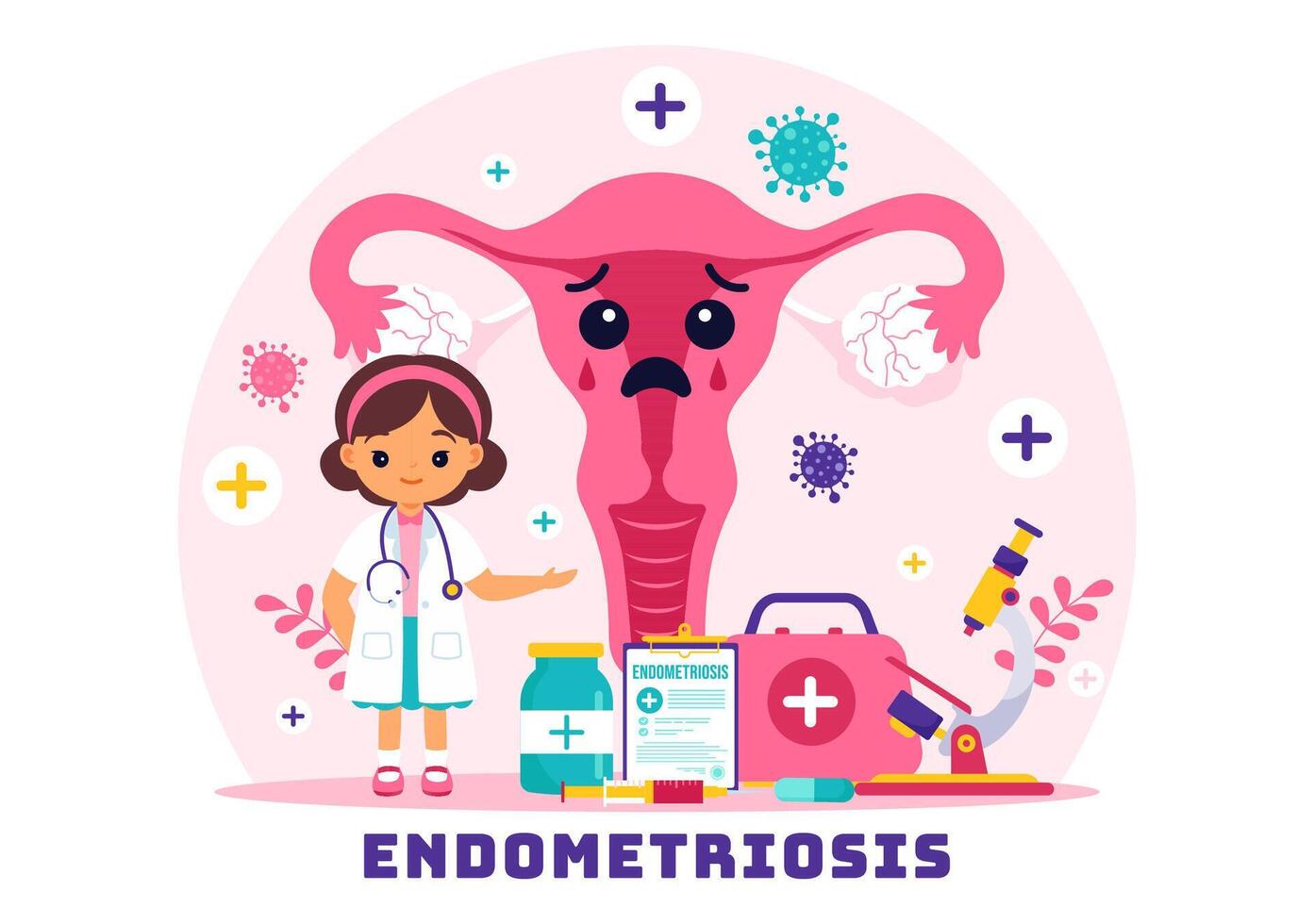 endometrios vektor illustration med tillstånd de endometrium växer utanför de uterin vägg i kvinnor för behandling i platt tecknad serie bakgrund