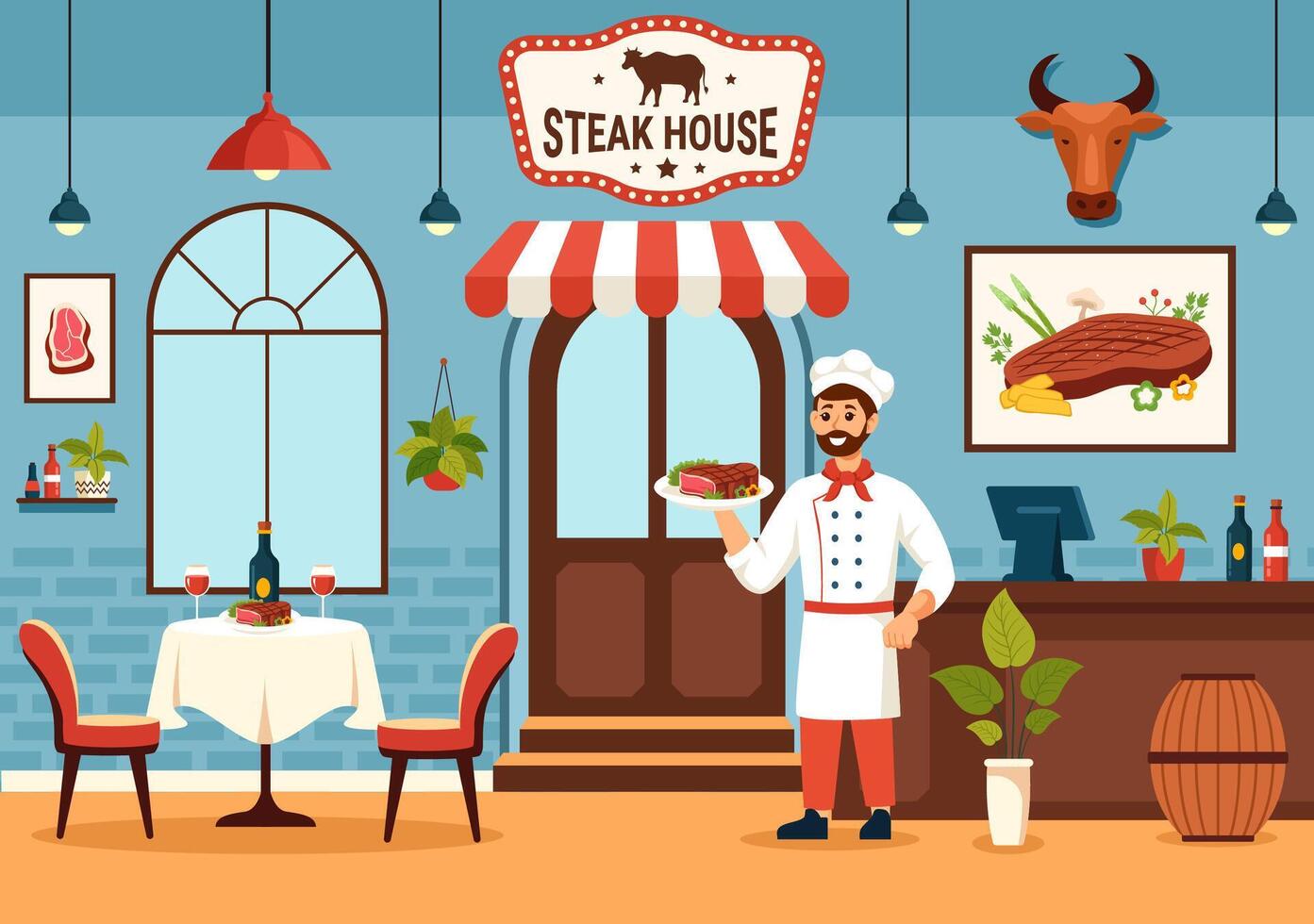 Steak-House Vektor Illustration mit Restaurant Das bietet gegrillt Fleisch mit saftig köstlich Steak, Salat und Tomaten zum Grill im Hintergrund