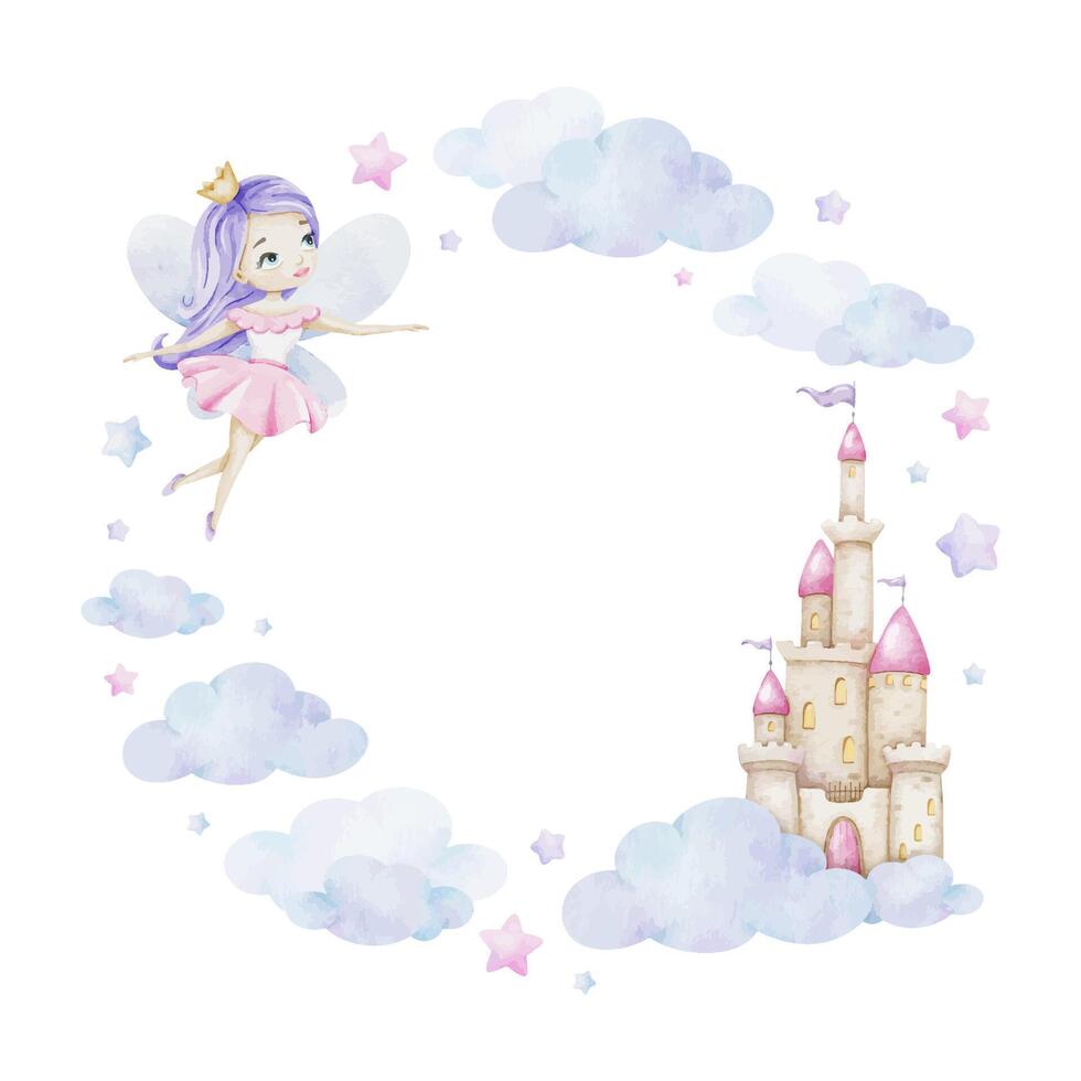 söt liten fe- med magi trollstav, stjärnor, slott för en prinsessa, moln. barns bakgrund. vattenfärg runda ram. isolerat. design för barn varor, vykort, bebis dusch och barns rum vektor