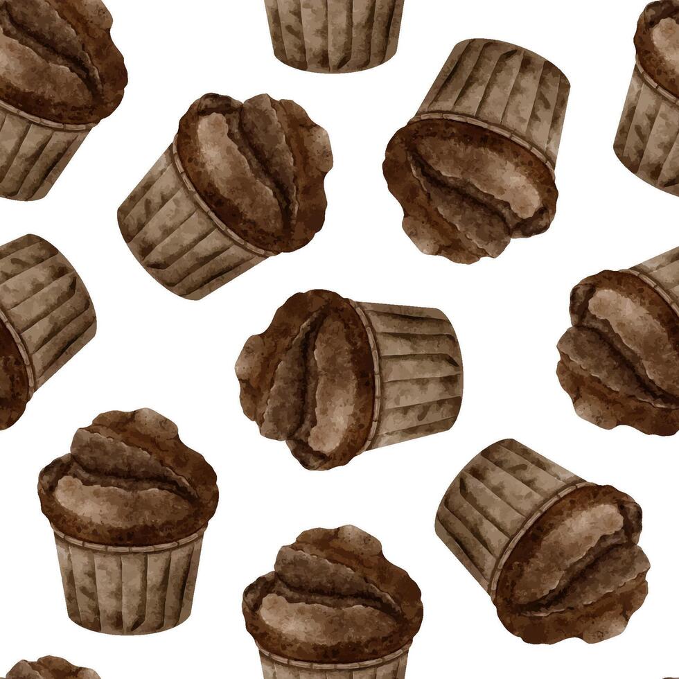 vattenfärg sömlös mönster av choklad muffins. ljuv bageri Produkter. bakgrund av bakverk för design av etiketter, förpackning av varor, kort, för bageri, bageri. vektor