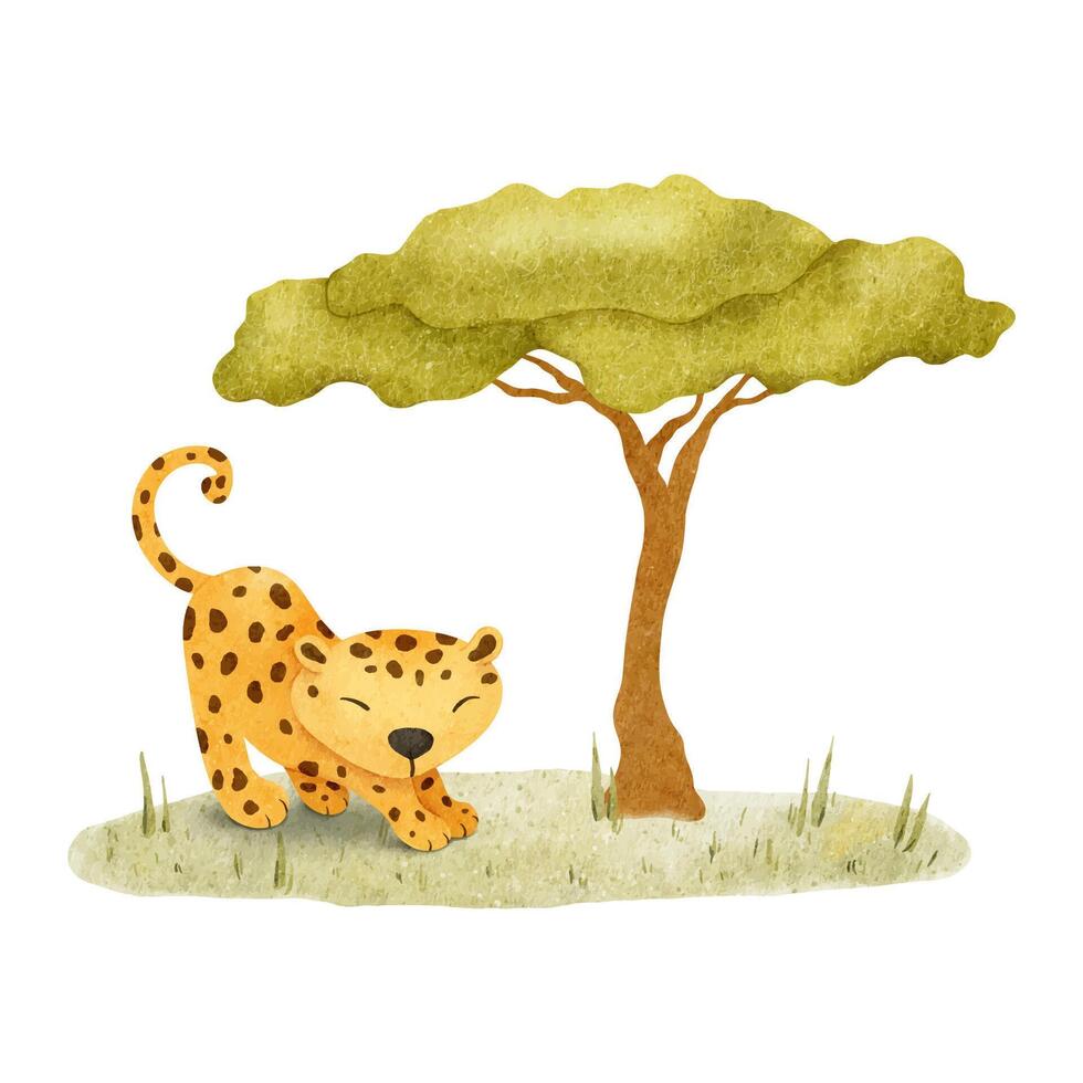 süß Baby Leopard auf Wiese. afrikanisch katzenartig Tier und Süd- Baum. isoliert Hand gezeichnet Aquarell Illustration von Gepard Jungtier. Kinder Safari zum Baby Dusche, Karten, Poster, Kinder Waren und Räume vektor