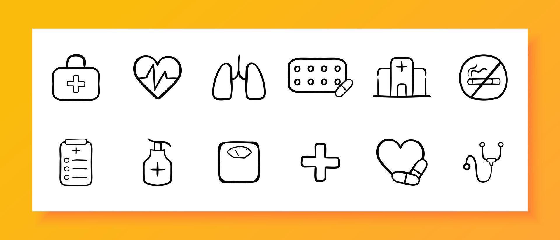 medicin ikon uppsättning. hjärta, ge sig på, lungor, astma, biljard, sjukhus, vågar, hjärtslag. svart ikon på en vit bakgrund. vektor linje ikon för företag och reklam