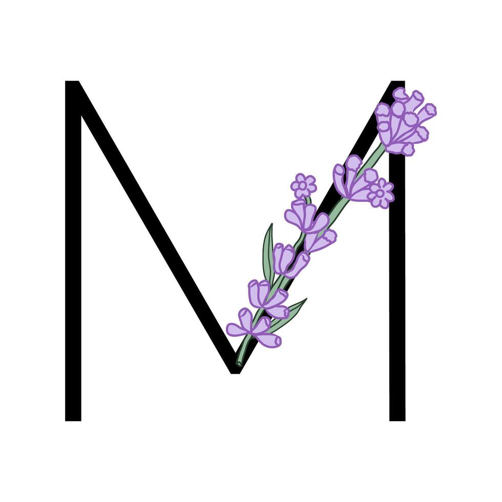 Lavendel blühen violett wenig Blume Alphabet zum Design von Karte oder Einladung. Vektor Illustrationen, isoliert auf Weiß Hintergrund zum Sommer- Blumen- gesign