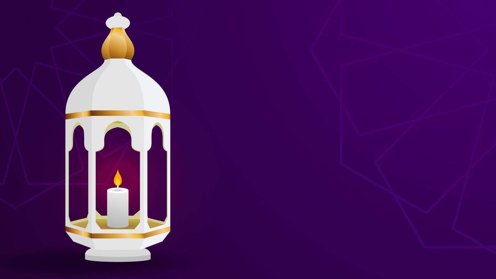 islamic lyktor vektor illustration. elegant sammansättning med vit lykta, ljus, guld accenter, och lila Färg. perfekt för eid mubarak och ramadan kareem affischer, banderoller med kopia Plats