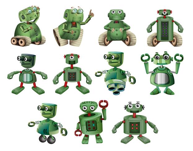 Gröna robotar i olika handlingar vektor