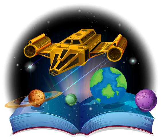 Sciene-Buch mit Raumschiff und Sonnensystem vektor