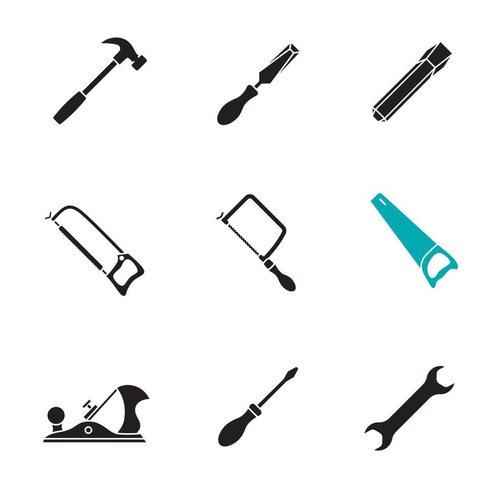 Bauwerkzeuge Glyphe Icons Set. Silhouette-Symbole. Hammer, Meißel, Bügelsäge, Laubsäge, Handsäge, Hobel, Schraubendreher, Schraubenschlüssel. isolierte Vektorgrafik vektor