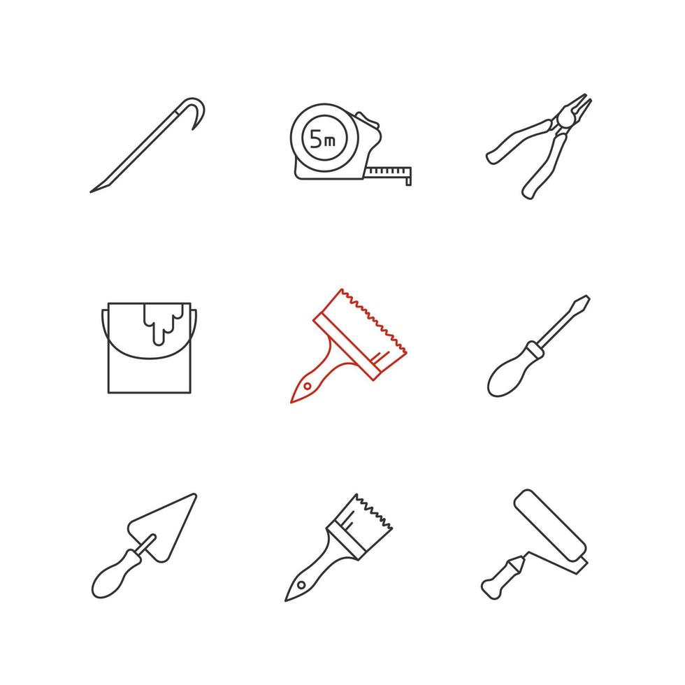 konstruktion verktyg linjära ikoner set. kofot, målarpenslar, rulle och hink, måttband, tång, skruvmejsel, trekantig spade. tunn linje. isolerade vektor kontur illustrationer