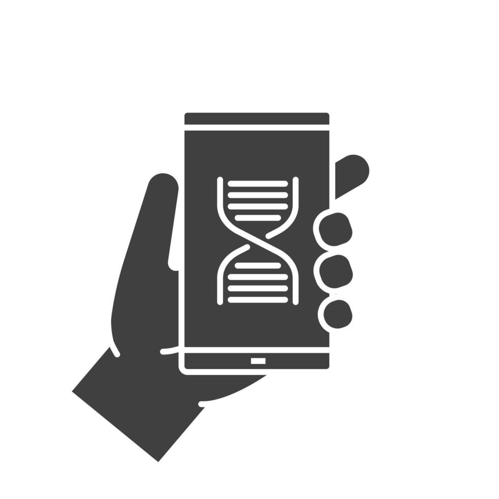 Hand mit Smartphone-Glyphe-Symbol. Silhouette-Symbol. Wissenschafts-App für Smartphones. negativen Raum. isolierte Vektorgrafik vektor