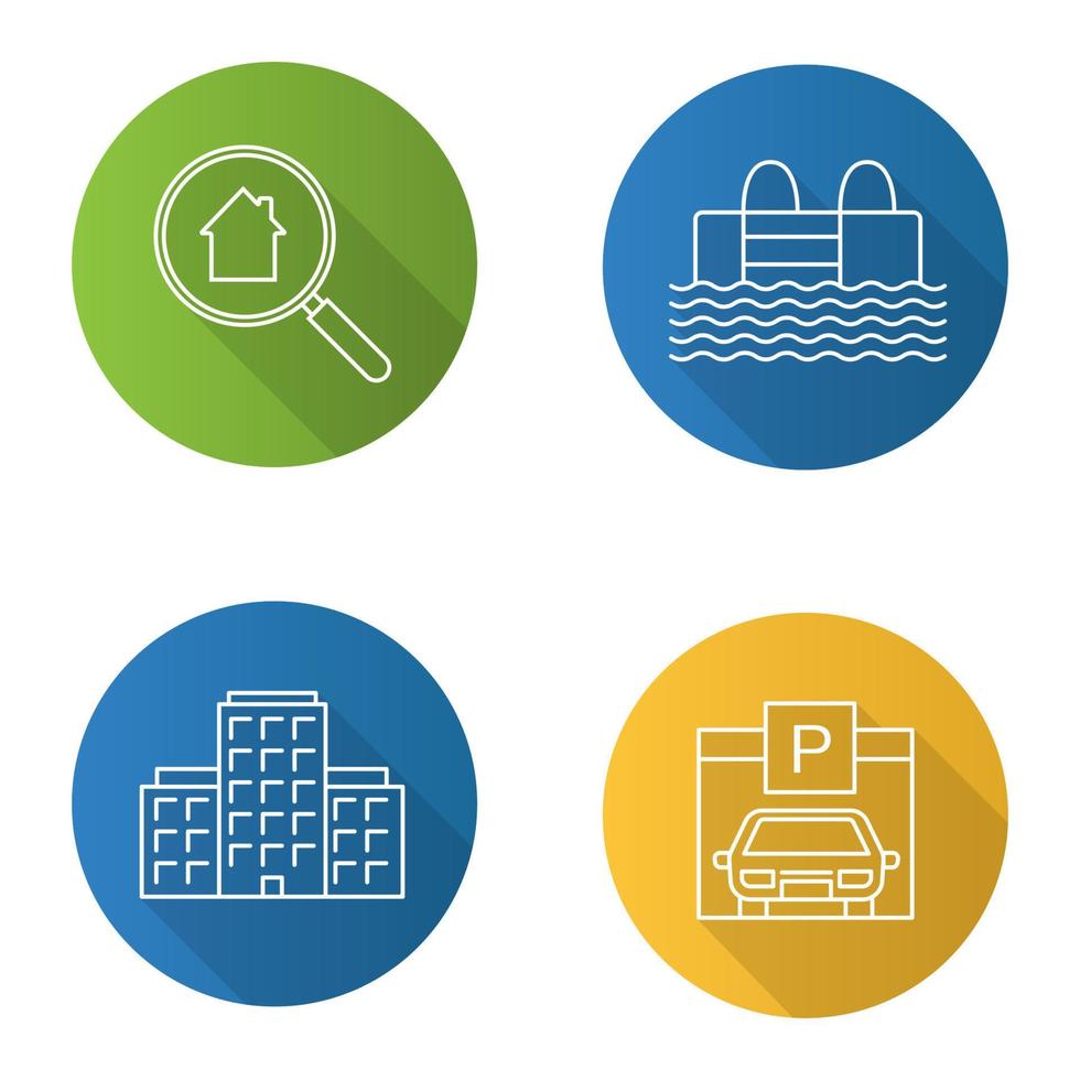 Immobilien flache lineare lange Schattensymbole gesetzt. mehrstöckiges Gebäude, Schwimmbad, Parkplatz, Immobiliensuche. Vektor-Umriss-Abbildung vektor