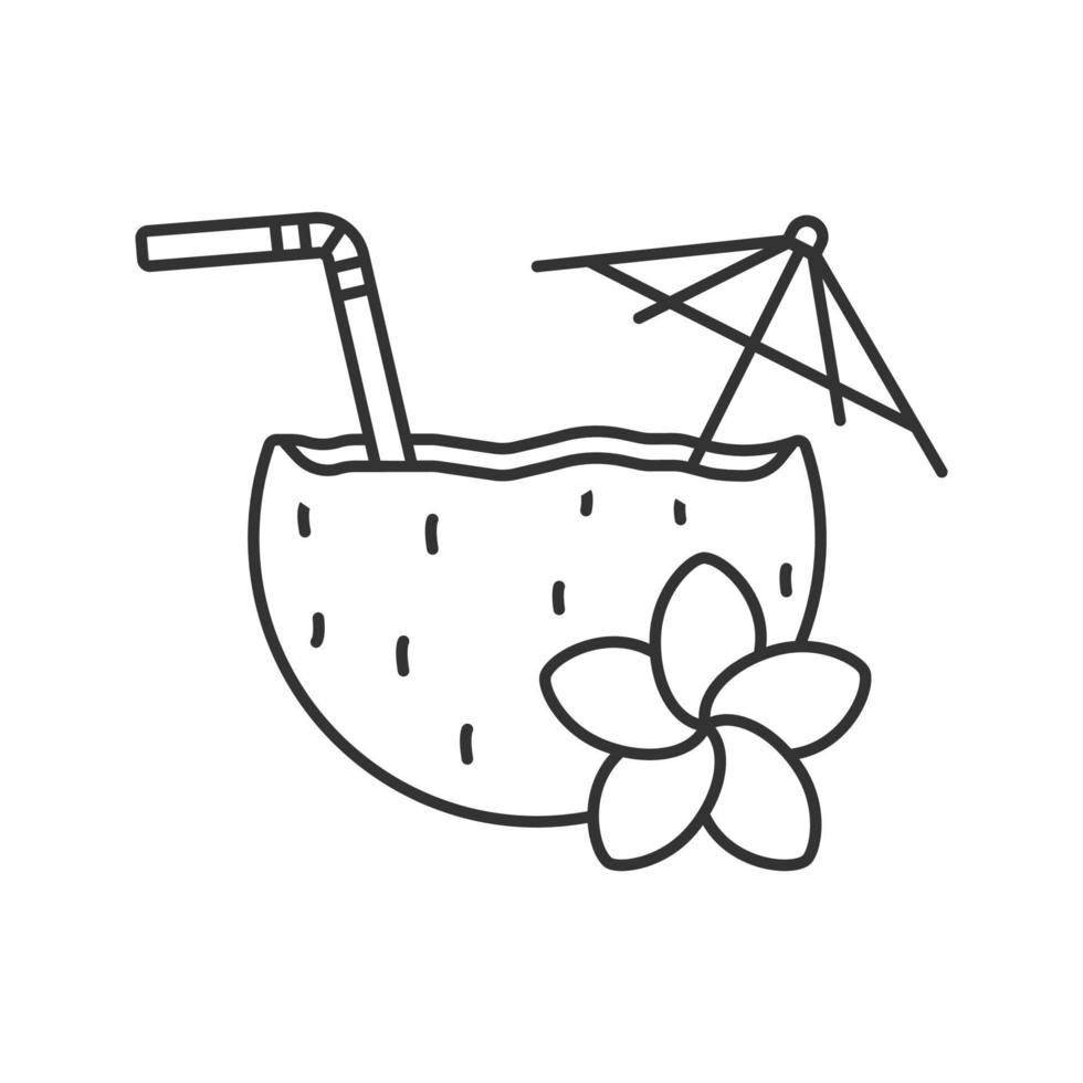 Lineares Symbol für Strandcocktails. dünne Linie Abbildung. Pina Colada Cocktail mit Strohhalm, Regenschirm und Plumeriablume. Kontursymbol. Vektor isolierte Umrisszeichnung