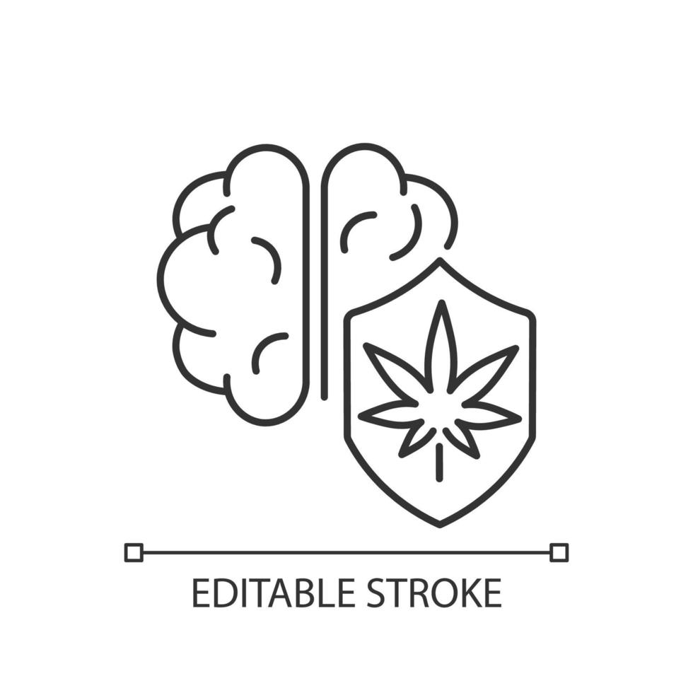 Marihuana-Gehirnschutz lineares Symbol. Verbesserung der kognitiven Funktionen. geistige Klarheit steigern. dünne Linie anpassbare Illustration. Kontursymbol. Vektor isolierte Umrisszeichnung. bearbeitbarer Strich