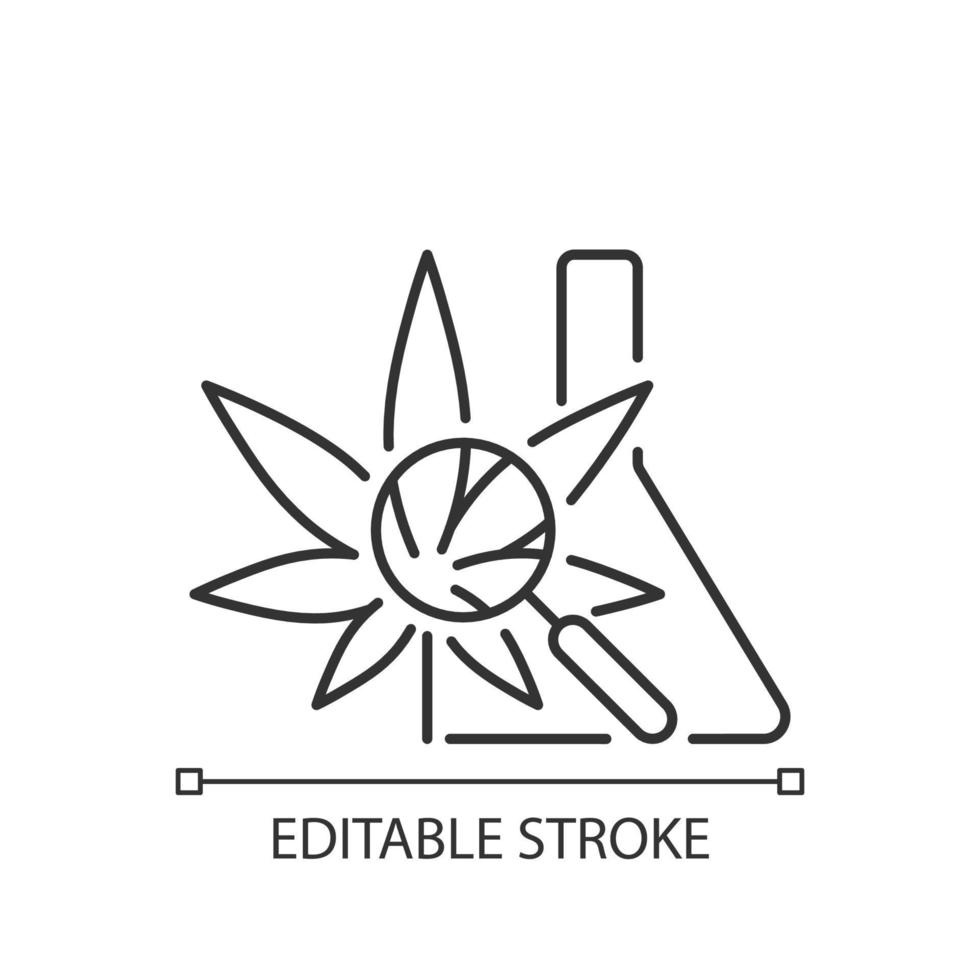 Lineares Symbol für medizinische Cannabisforschung. Bewertung der pflanzlichen Medizin. Studie über die Wirkung von pflanzlichen Arzneimitteln. dünne Linie anpassbare Illustration. Kontursymbol. Vektor isolierte Umrisszeichnung. bearbeitbarer Strich