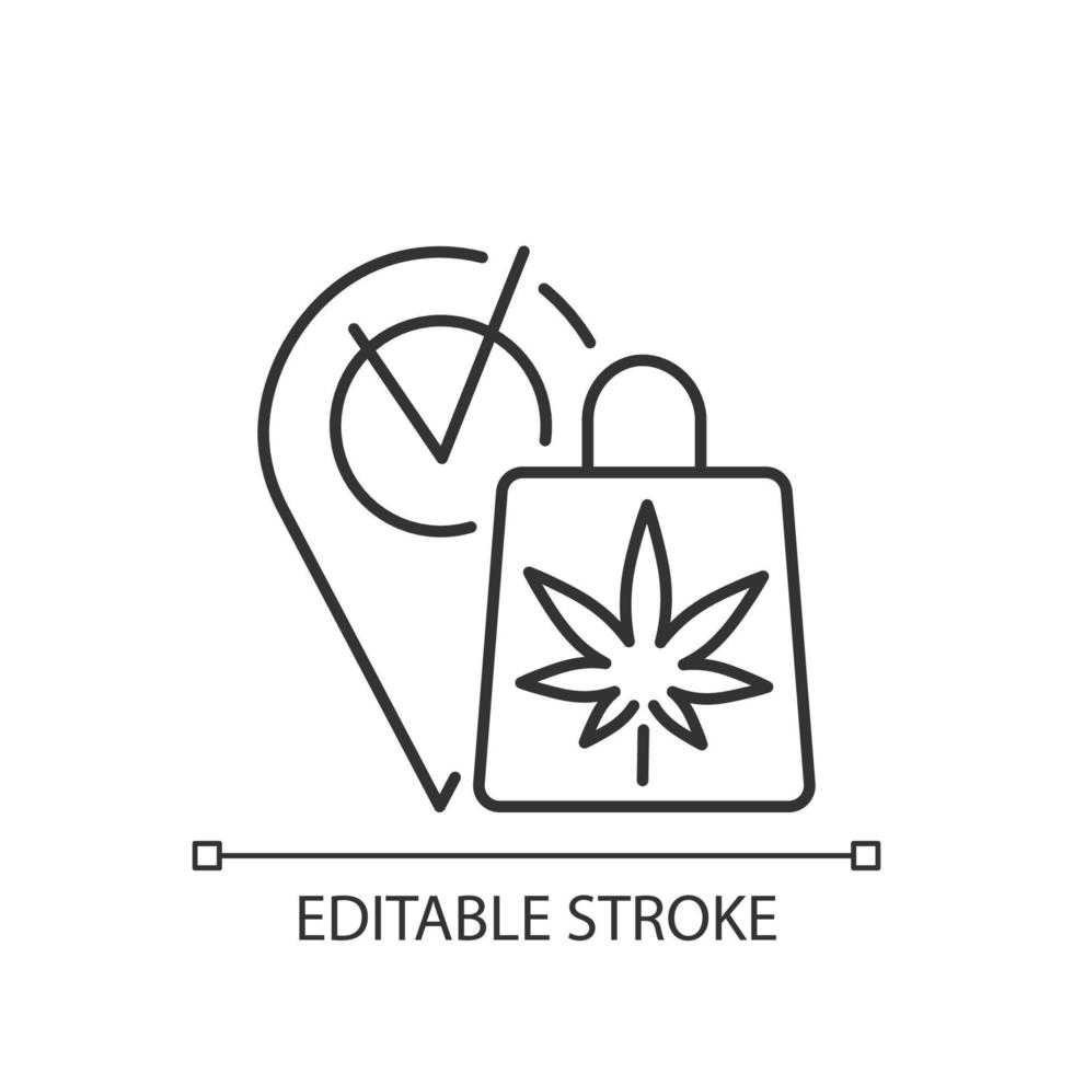 marijuana dispensary linjär ikon. fritidsbutik med cannabis. köpa produkter lagligt. tunn linje anpassningsbar illustration. kontur symbol. vektor isolerade konturritning. redigerbar linje