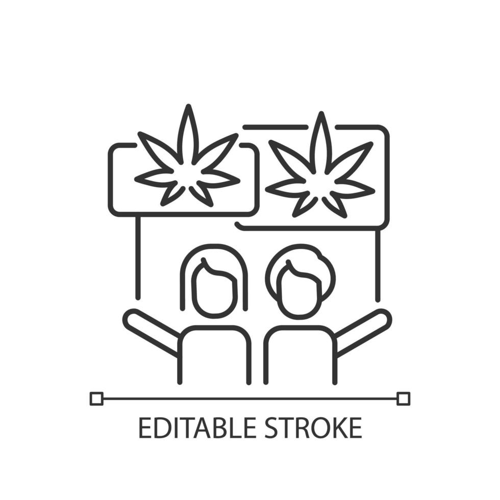 Marihuana-Legalisierung protestieren lineares Symbol. Bewegung für Cannabisrechte. Marihuana-Aktivisten. dünne Linie anpassbare Illustration. Kontursymbol. Vektor isolierte Umrisszeichnung. bearbeitbarer Strich