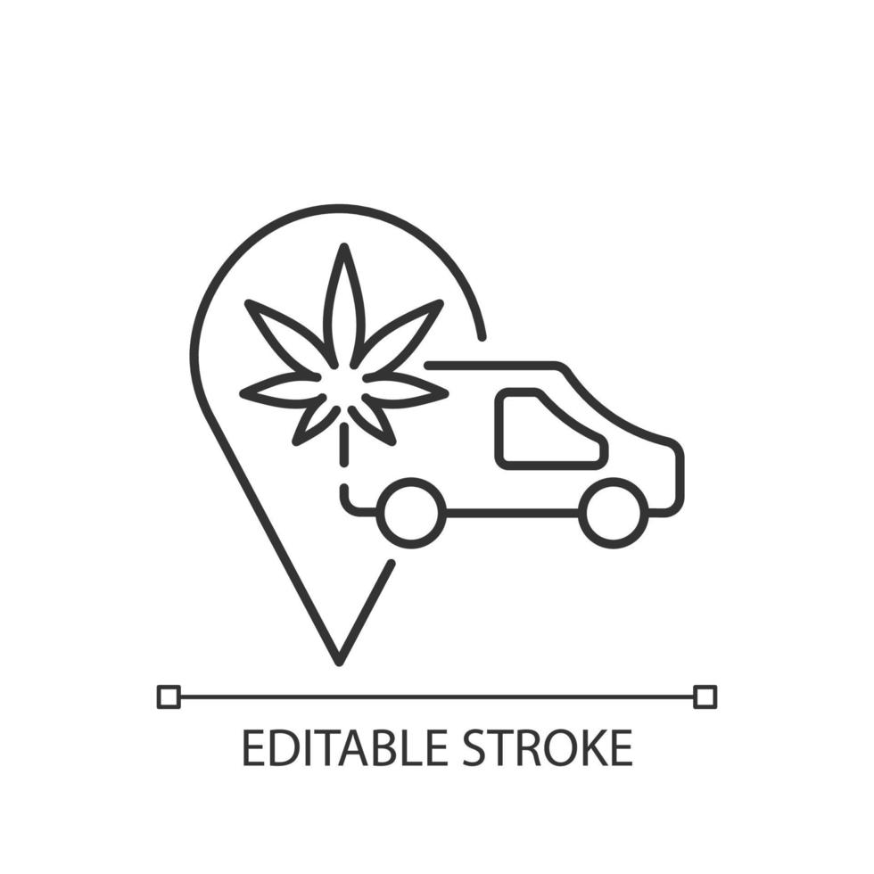 Lineares Symbol für den Cannabistransport. Vertrieb von medizinischem Marihuana. Versand von Hanfprodukten. dünne Linie anpassbare Illustration. Kontursymbol. Vektor isolierte Umrisszeichnung. bearbeitbarer Strich