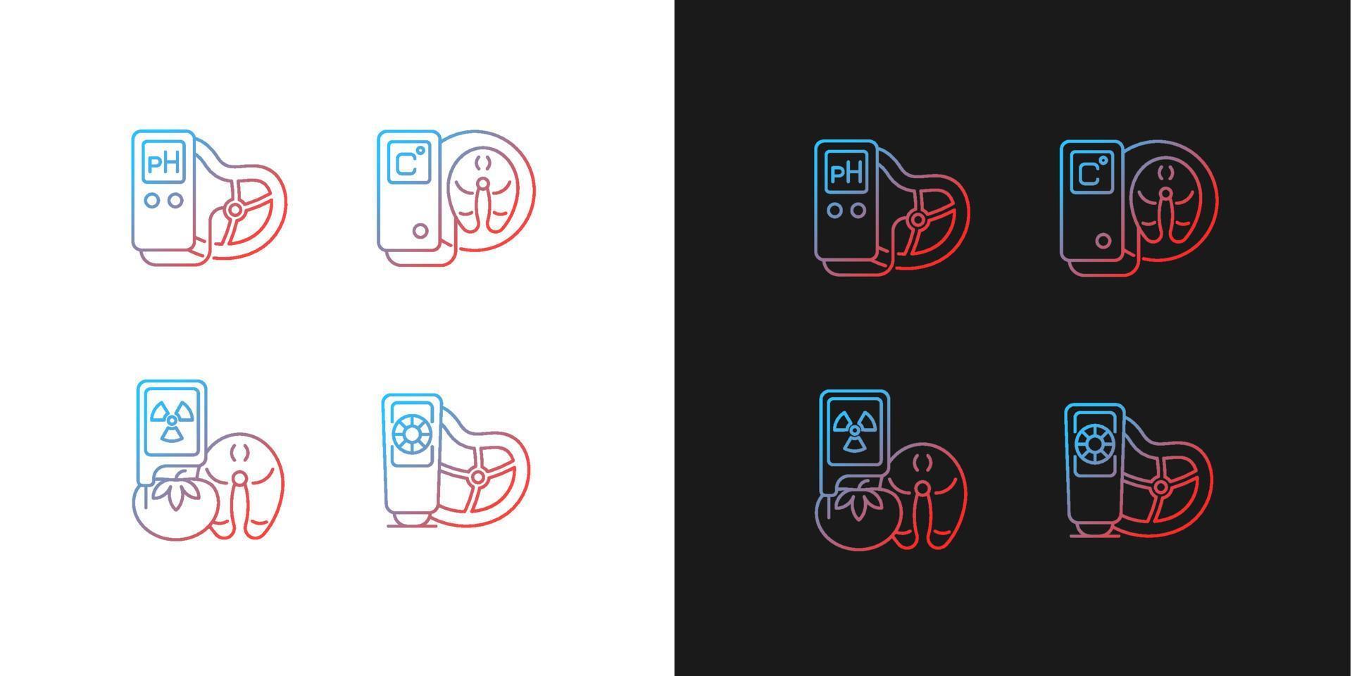 Gradientensymbole für Lebensmittelprüfgeräte für den dunklen und hellen Modus. wissenschaftliche Technik. dünne Linie Kontursymbole bündeln. isolierte Vektor-Umriss-Illustrationen-Sammlung auf Schwarz und Weiß vektor