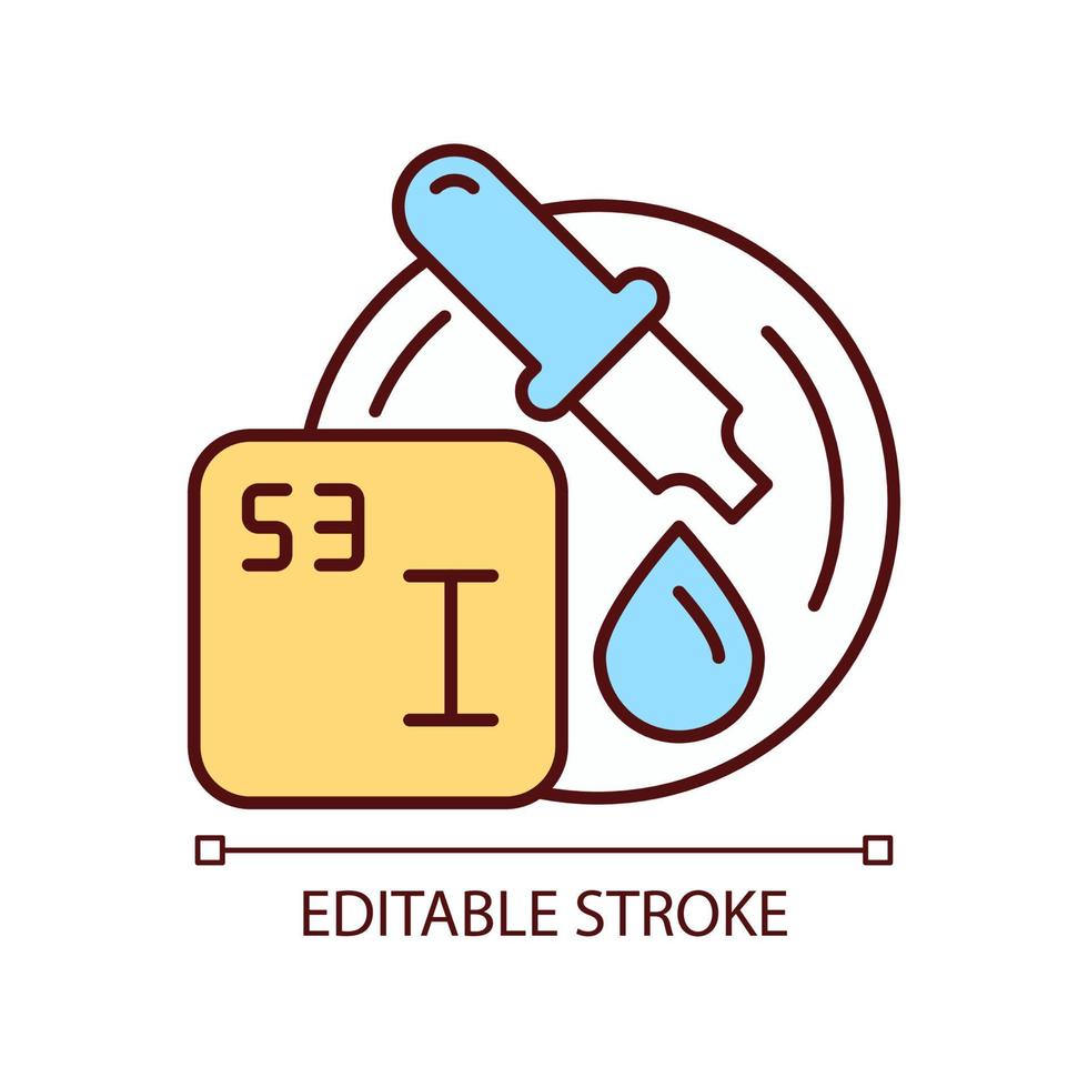 jod-stärkelse test rgb färgikon. stärkelseidentifieringstestning. amylförekomst i produkter. analys av kemisk sammansättning. isolerade vektor illustration. enkel fylld linjeteckning. redigerbar linje