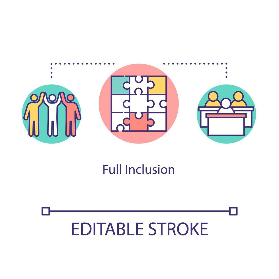 Symbol für das Konzept der vollständigen Inklusion. Gleichberechtigung der Schüler. vielfältige Gemeinschaft. positive Unterstützung. inklusive bildungsidee dünne linie illustration. Vektor isoliert Umriss RGB-Farbzeichnung. bearbeitbarer Strich