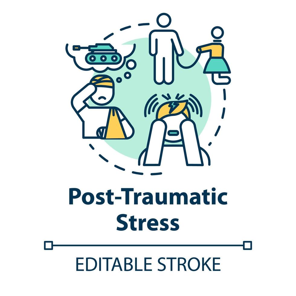 Symbol für das Konzept des posttraumatischen Stresses. ptsd. erschreckende Erinnerungen. Geisteskrankheit. Psychologie, Psychiatrie Idee dünne Linie Illustration. Vektor isoliert Umriss RGB-Farbzeichnung. bearbeitbarer Strich