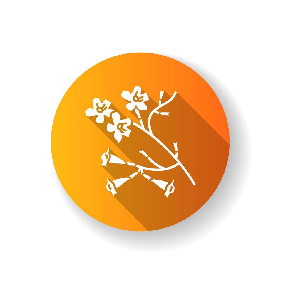 Plumeria orange flaches Design lange Schatten Glyphe Symbol. Ipe-Baum. tropische Blüte. brasilianische Blume. südamerikanische Pflanze. exotische Blüte. Botanik. Silhouette RGB-Farbabbildung vektor