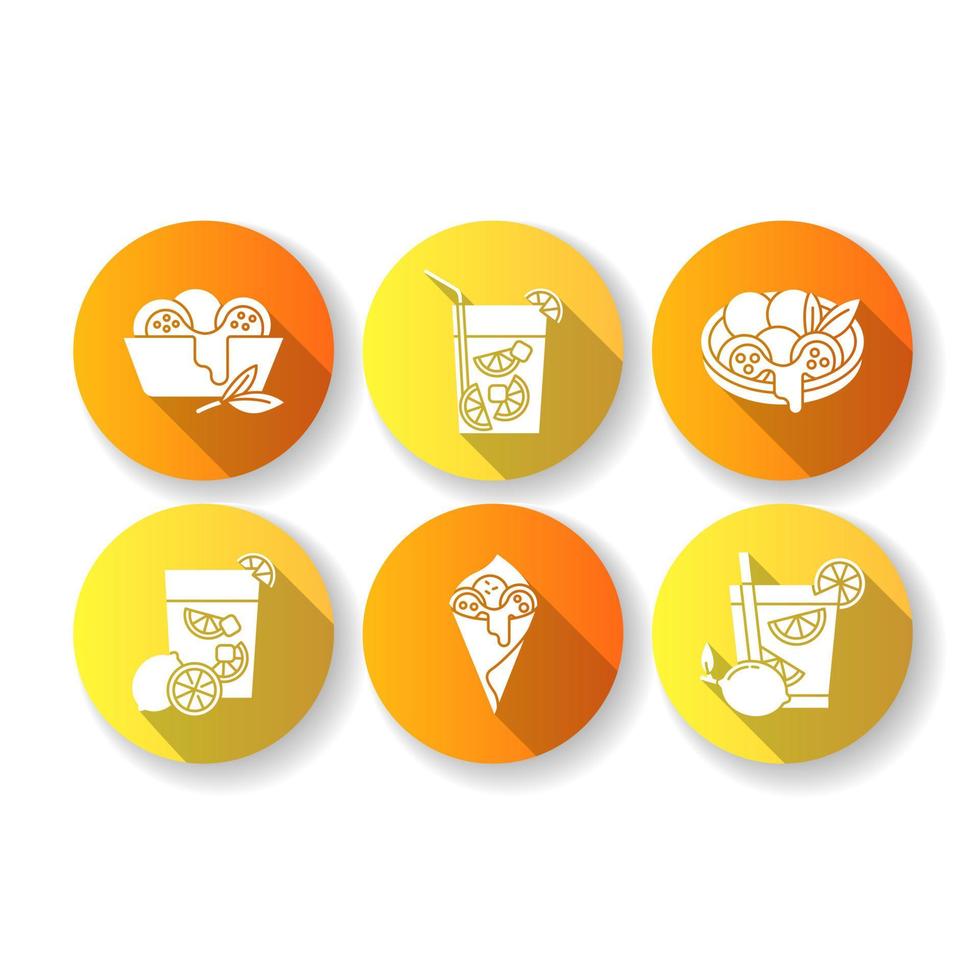 brasilianische Küche flaches Design lange Schatten Glyphe Icons Set. Arancini. heese brot. Caipirinha. alkoholisches Getränk mit Limette. traditionelle Speisen und Cocktails. Silhouette RGB-Farbabbildung vektor