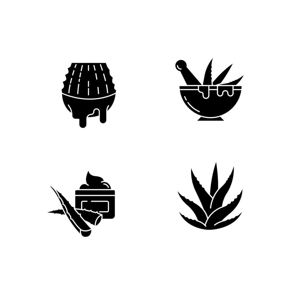Aloe Vera schwarze Glyphensymbole auf weißem Raum. Flüssigkeit aus geschnittenem Kaktusblatt. Mörser mit Stößel für botanische Zutaten. Bio-Kosmetik. Silhouette-Symbole. isolierte Vektorgrafik vektor