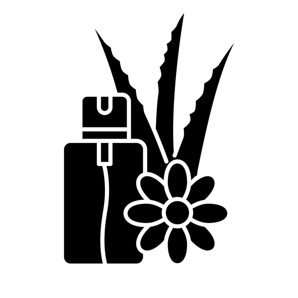 aloe vera nödspray svart glyfikon. vegansk kosmetika i aerosol. naturlig blommig essens. medicinsk vätska med örter i flaska. siluett symbol på vitt utrymme. vektor isolerade illustration